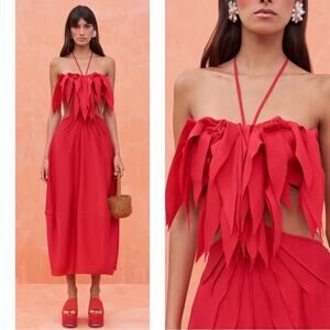 Cult Gaia Lue Ruffle Cutout Halterneck Red Midi Dress Size Small
